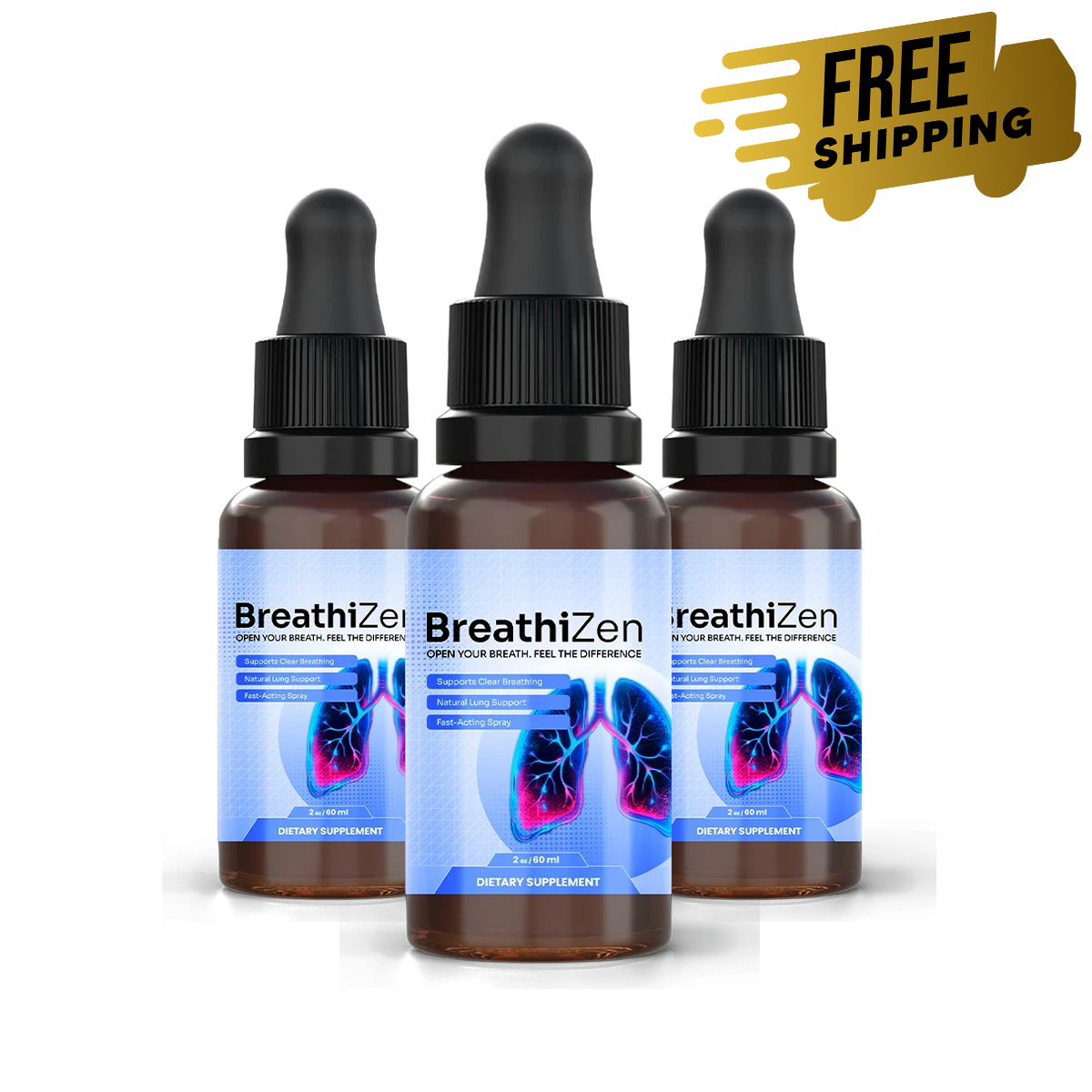 Three BreathiZen respiratory wellness spray bottles with free shipping offer